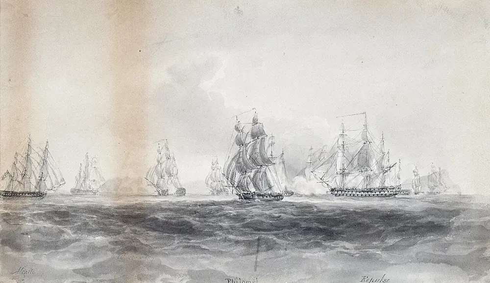 Captain Halliday of H.M.S. Repulse saving H.M.S. Philomel from capture by the French off Toulon, 31st August 1810